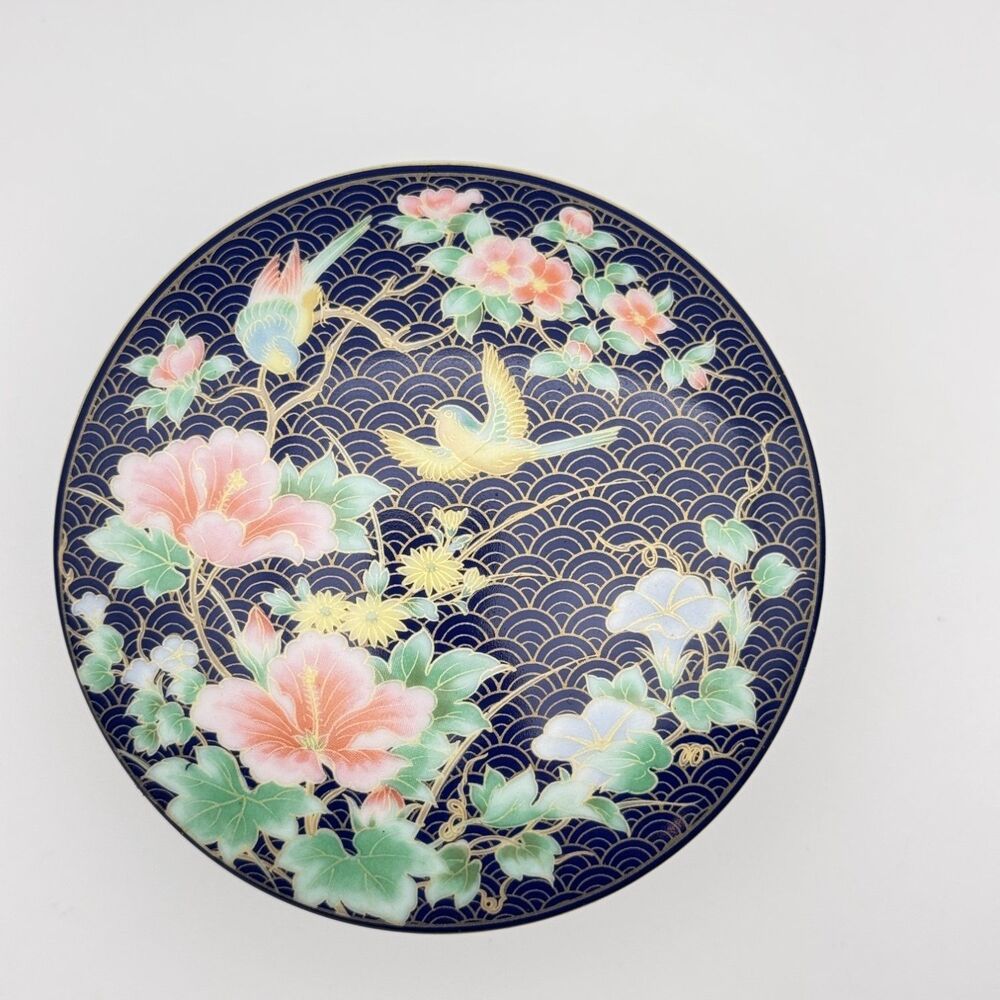Jgi Shaddy Mino Japan Floral Bird Trinket Box Lidded Ceramic Blue